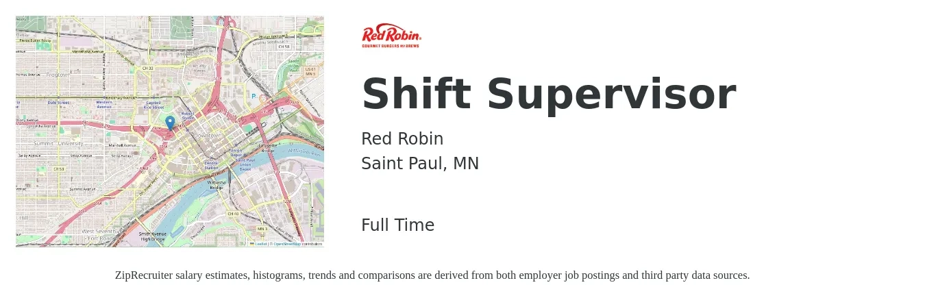 Red Robin job posting for a Shift Supervisor in Saint Paul, MN with a salary of $15 to $20 Hourly with a map of Saint Paul location.