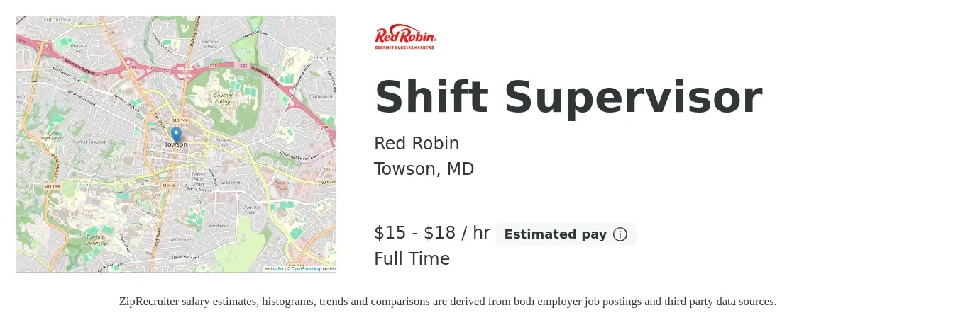 Red Robin job posting for a Shift Supervisor in Towson, MD with a salary of $16 to $19 Hourly with a map of Towson location.