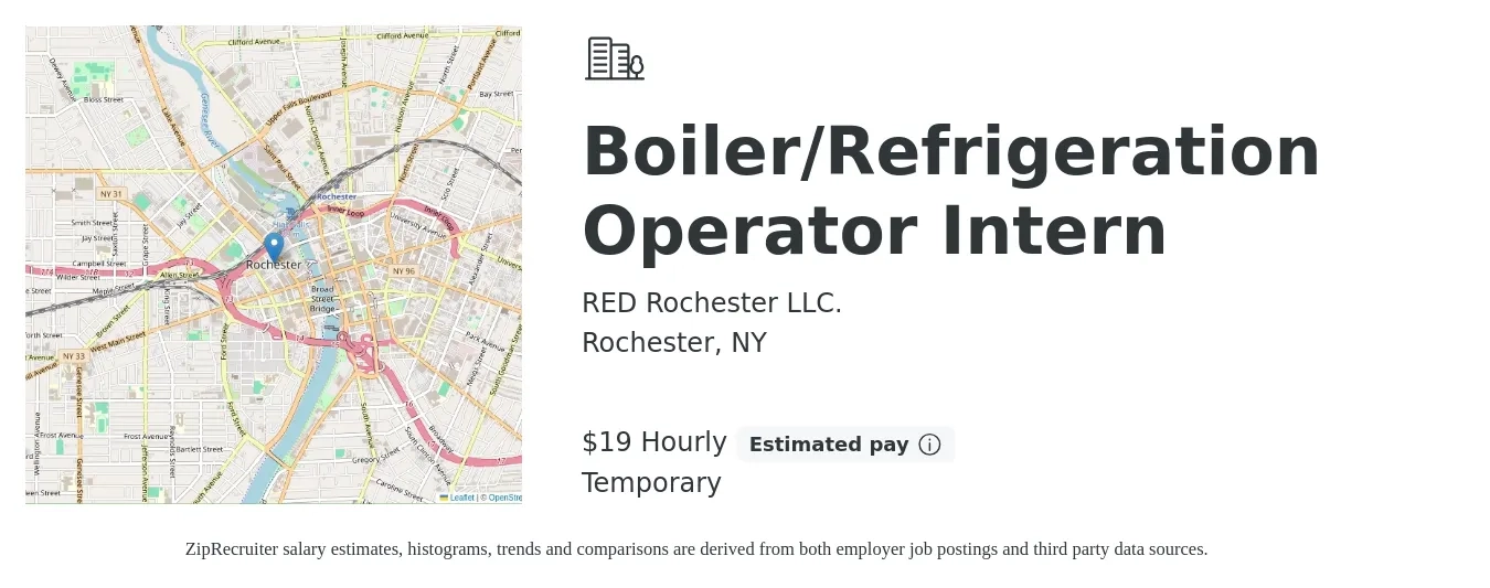 RED Rochester LLC. job posting for a Boiler/Refrigeration Operator Intern in Rochester, NY with a salary of $20 Hourly with a map of Rochester location.