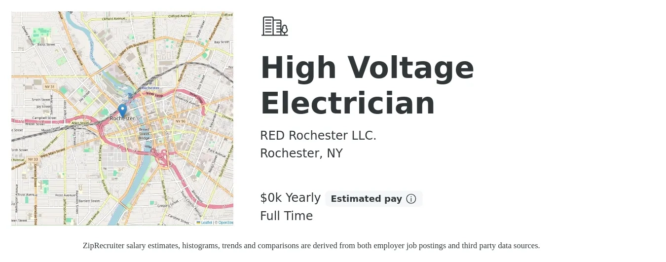 RED Rochester LLC. job posting for a High Voltage Electrician in Rochester, NY with a salary of $28 to $38 Yearly with a map of Rochester location.
