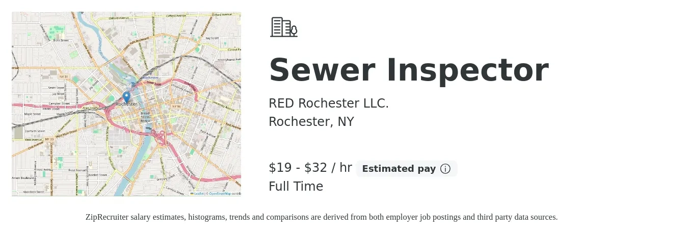 RED Rochester LLC. job posting for a Sewer Inspector in Rochester, NY with a salary of $20 to $34 Hourly with a map of Rochester location.