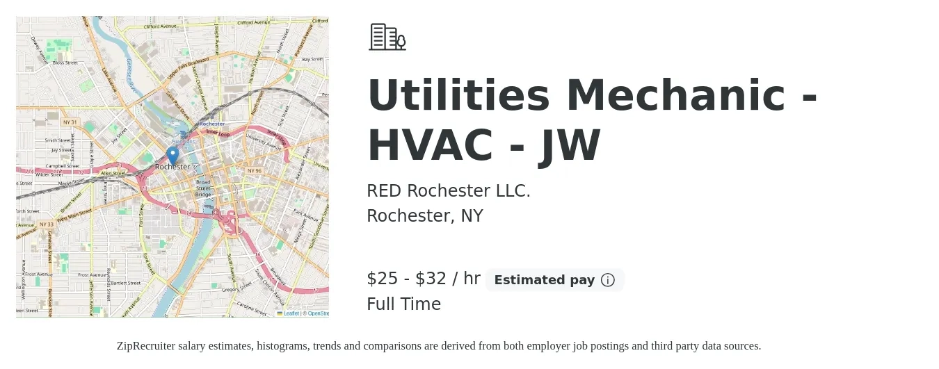 RED Rochester LLC. job posting for a Utilities Mechanic - HVAC - JW in Rochester, NY with a salary of $27 to $34 Hourly with a map of Rochester location.