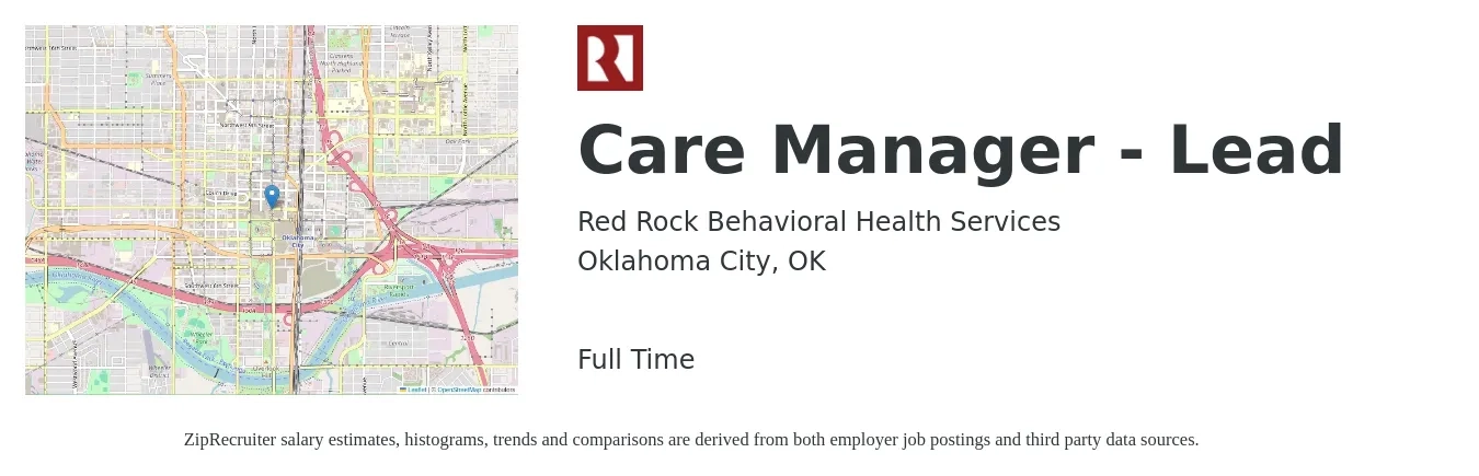 Red Rock Behavioral Health Services job posting for a Care Manager - Lead in Oklahoma City, OK with a salary of $18 to $21 Hourly with a map of Oklahoma City location.