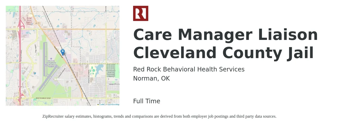 Red Rock Behavioral Health Services job posting for a Care Manager Liaison Cleveland County Jail in Norman, OK with a salary of $18 to $23 Hourly with a map of Norman location.