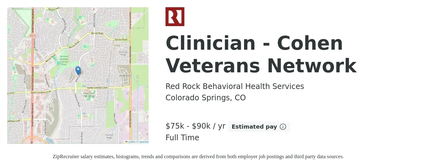 Red Rock Behavioral Health Services job posting for a Clinician - Cohen Veterans Network in Colorado Springs, CO with a salary of $75,000 to $90,000 Yearly with a map of Colorado Springs location.