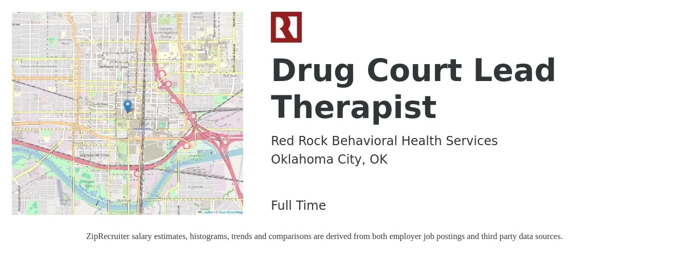 Red Rock Behavioral Health Services job posting for a Drug Court Lead Therapist in Oklahoma City, OK with a map of Oklahoma City location.