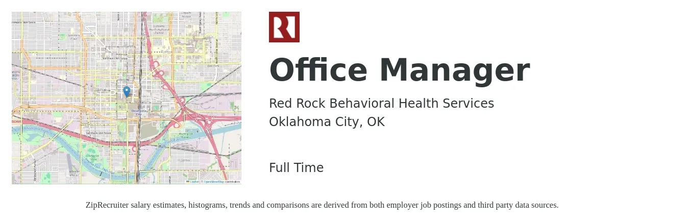 Red Rock Behavioral Health Services job posting for a Office Manager in Oklahoma City, OK with a salary of $32,400 to $47,800 Yearly with a map of Oklahoma City location.
