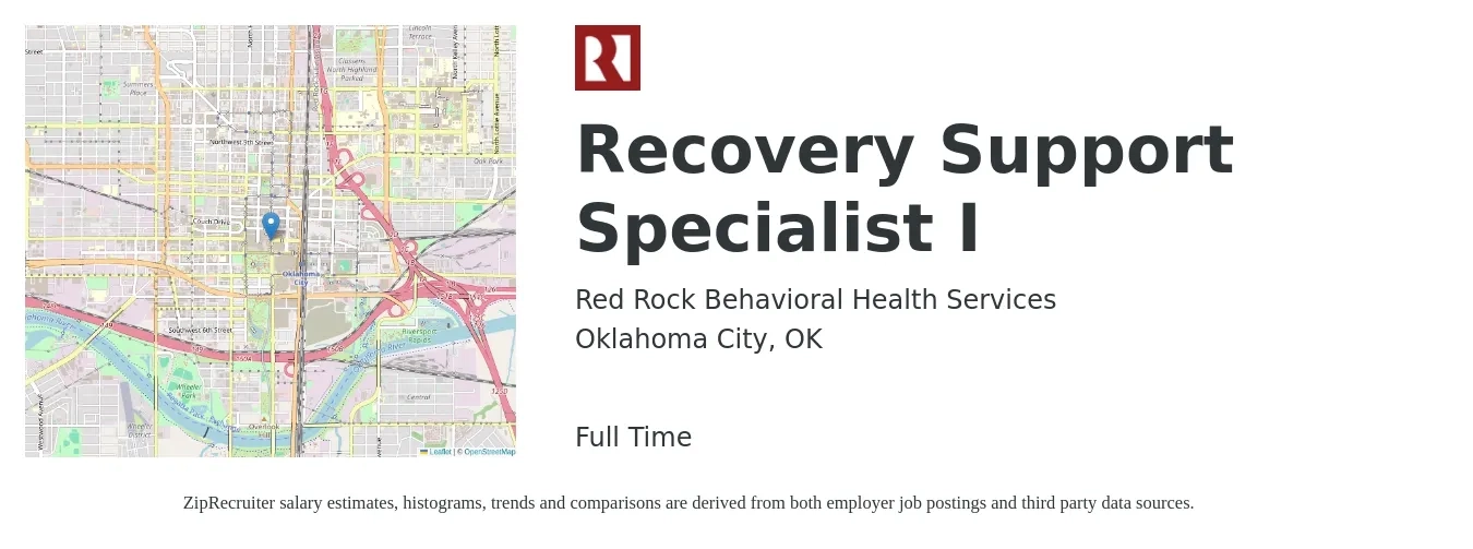 Red Rock Behavioral Health Services job posting for a Recovery Support Specialist I in Oklahoma City, OK with a salary of $15 to $24 Hourly with a map of Oklahoma City location.
