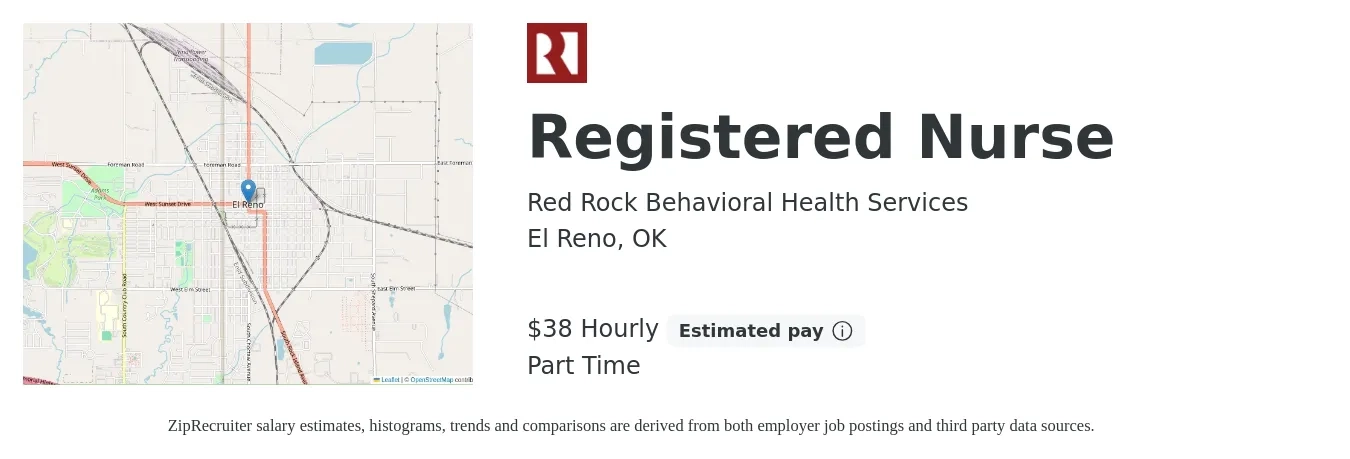 Red Rock Behavioral Health Services job posting for a Registered Nurse in El Reno, OK with a salary of $40 Hourly with a map of El Reno location.