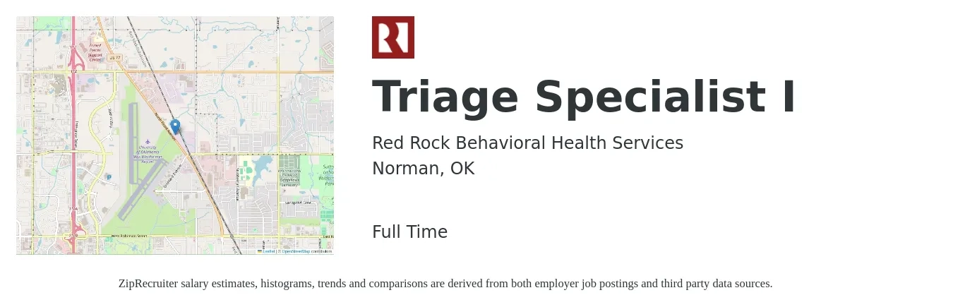 Red Rock Behavioral Health Services job posting for a Triage Specialist I in Norman, OK with a salary of $16 to $21 Hourly with a map of Norman location.
