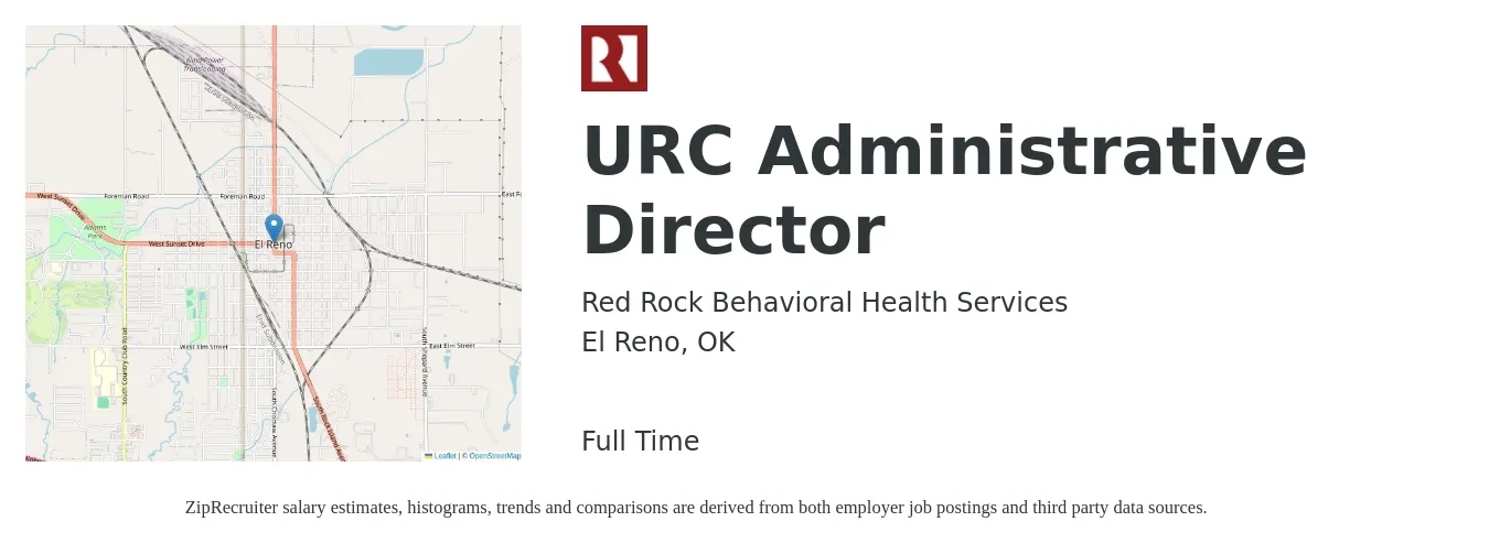 Red Rock Behavioral Health Services job posting for a URC Administrative Director in El Reno, OK with a salary of $67,500 to $111,000 Yearly with a map of El Reno location.
