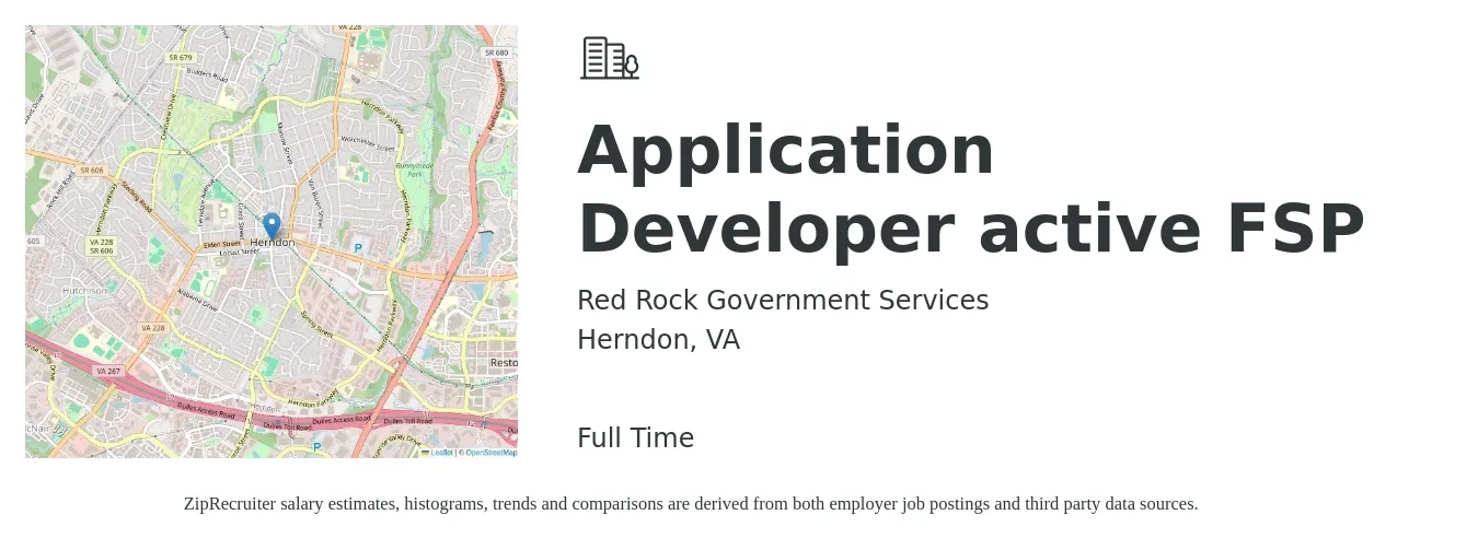 Red Rock Government Services job posting for a Application Developer active FSP in Herndon, VA with a salary of $45 to $65 Hourly with a map of Herndon location.