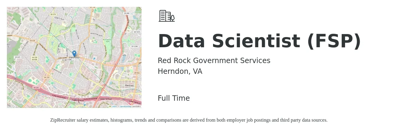Red Rock Government Services job posting for a Data Scientist (FSP) in Herndon, VA with a salary of $137,200 to $174,700 Yearly with a map of Herndon location.