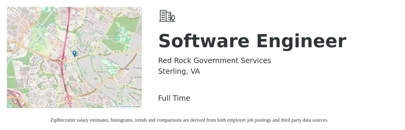 Red Rock Government Services job posting for a Software Engineer in Sterling, VA with a salary of $121,200 to $174,700 Yearly with a map of Sterling location.