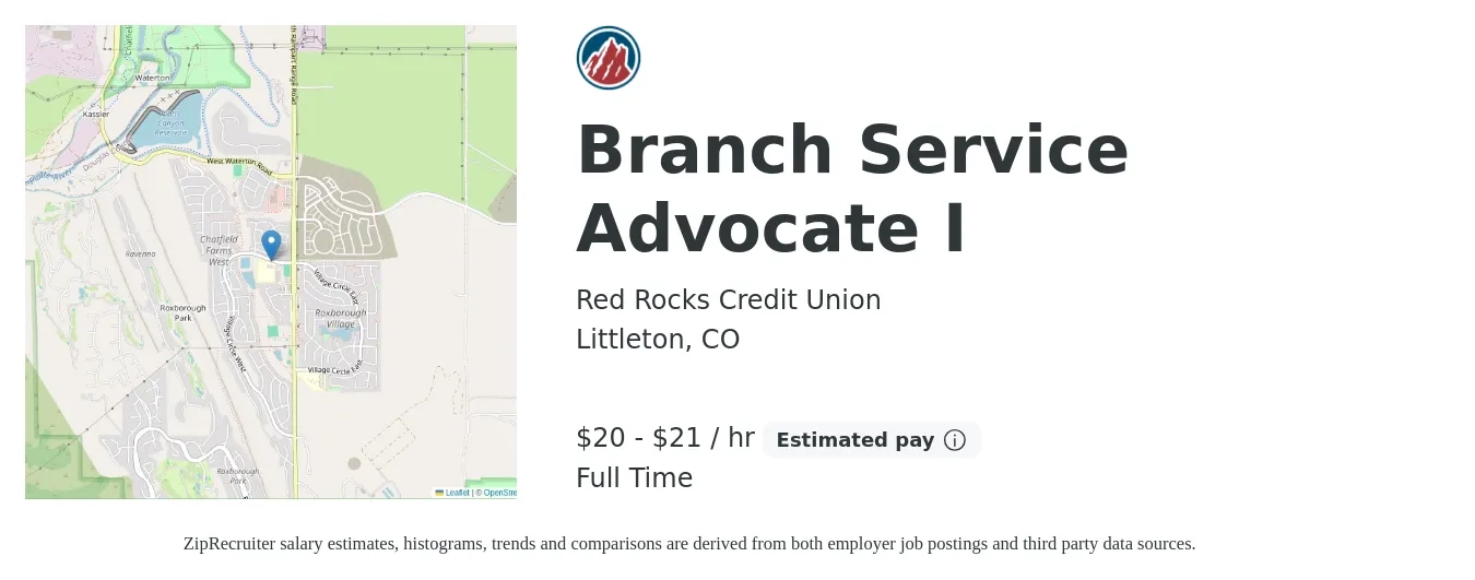 Red Rocks Credit Union job posting for a Branch Service Advocate I in Littleton, CO with a salary of $21 to $22 Hourly with a map of Littleton location.
