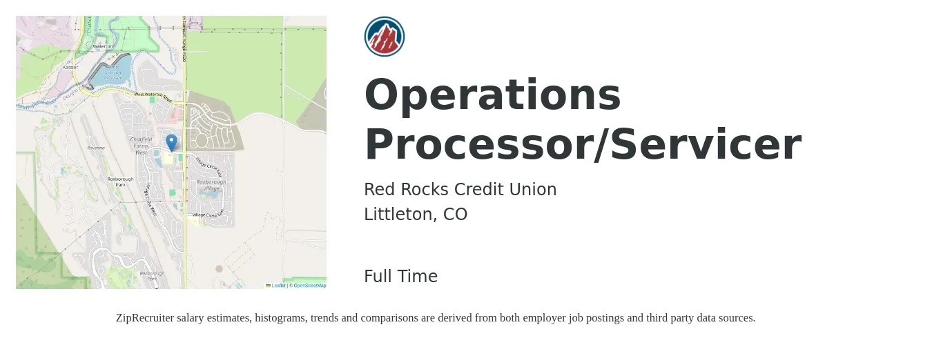 Red Rocks Credit Union job posting for a Operations Processor/Servicer in Littleton, CO with a salary of $18 to $26 Hourly with a map of Littleton location.