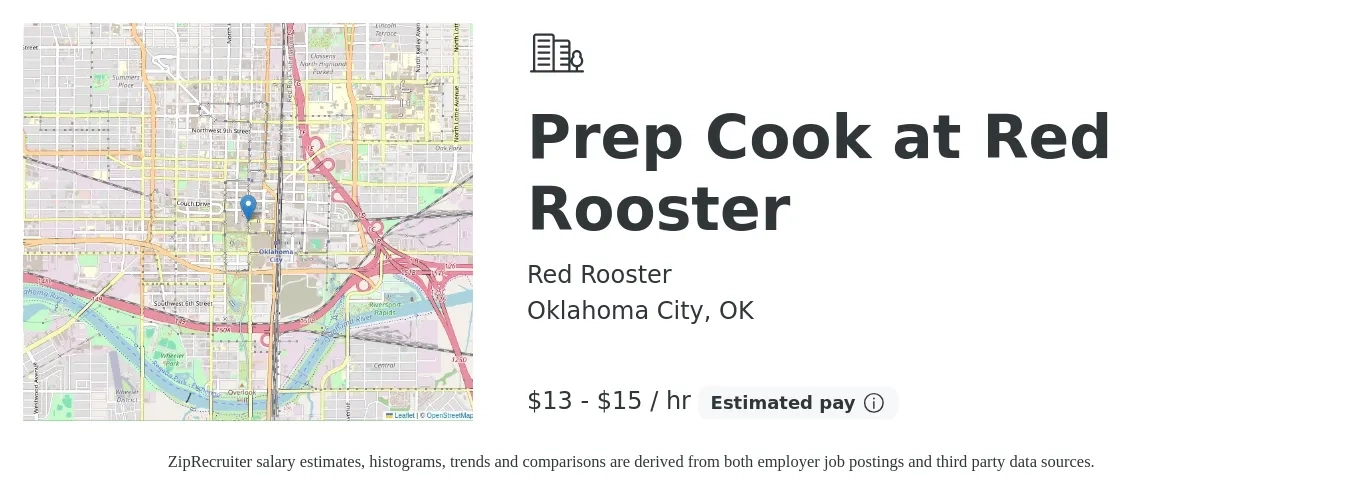 Red Rooster job posting for a Prep Cook at Red Rooster in Oklahoma City, OK with a salary of $14 to $16 Hourly with a map of Oklahoma City location.
