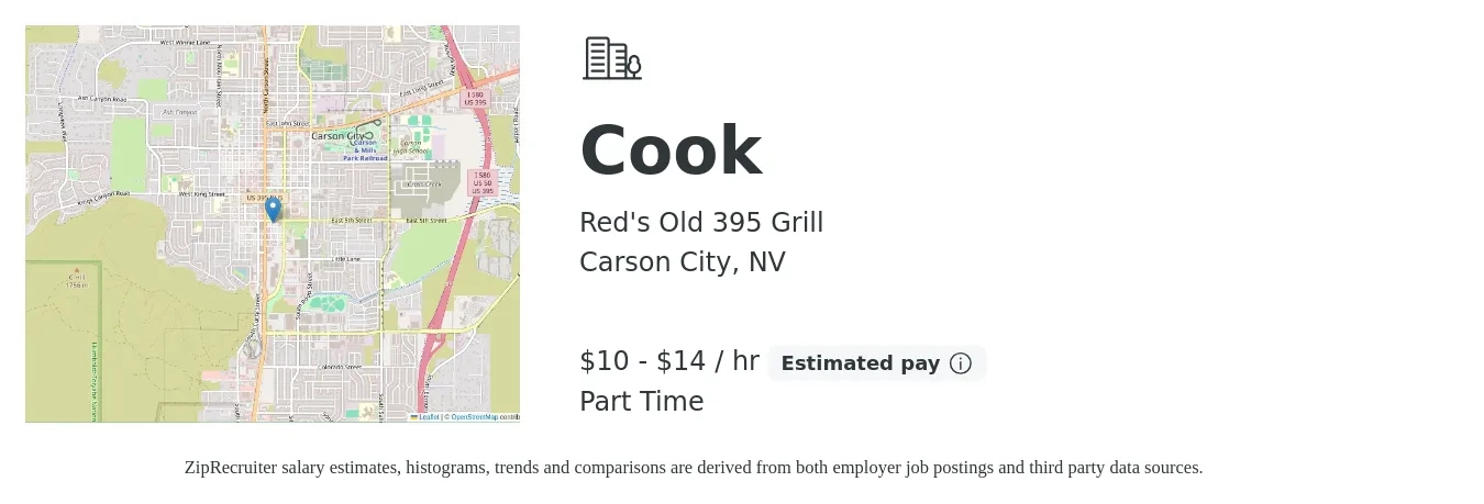 Red's Old 395 Grill job posting for a Cook in Carson City, NV with a salary of $11 to $15 Hourly with a map of Carson City location.