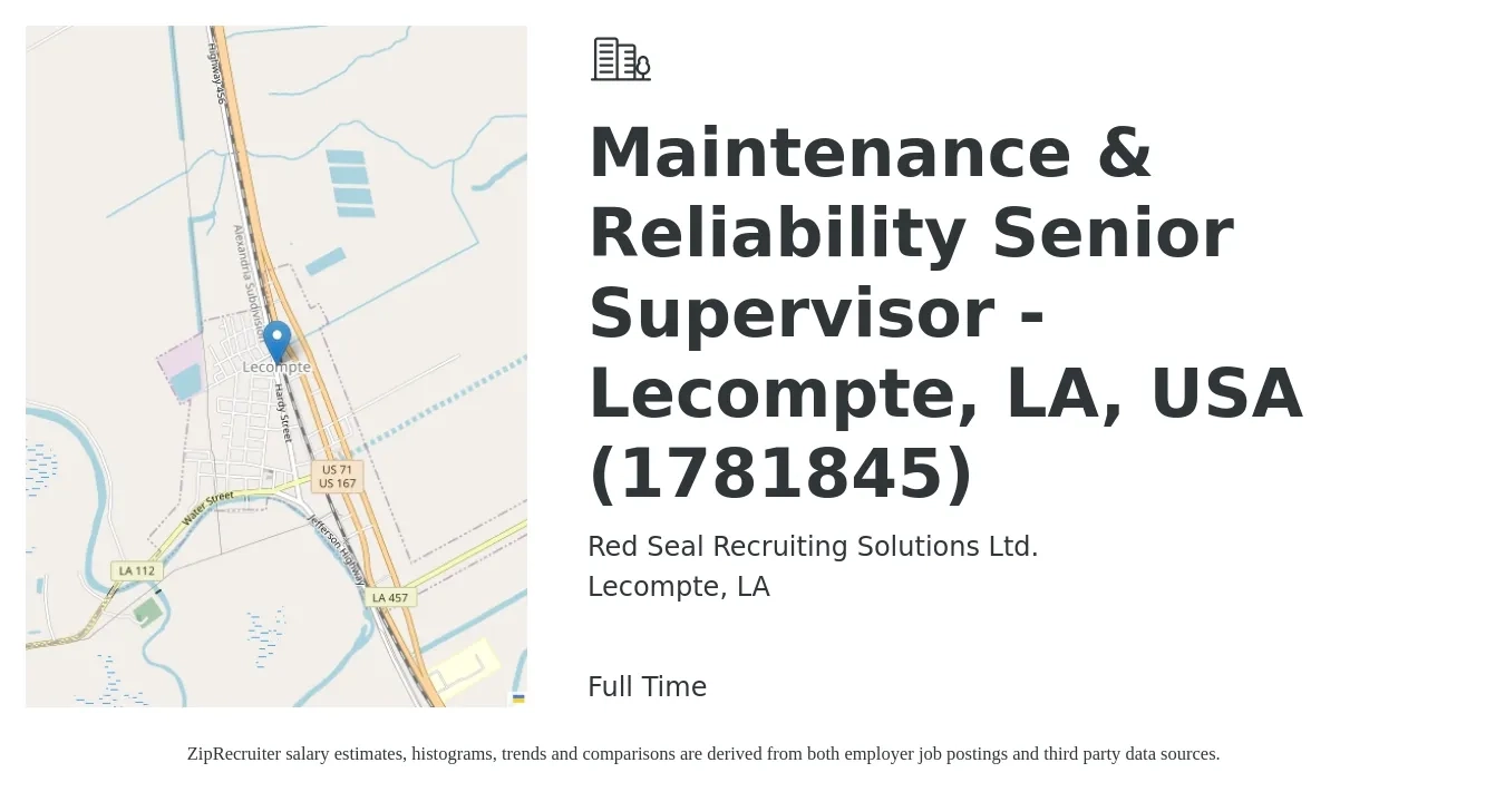 Red Seal Recruiting Solutions Ltd. job posting for a Maintenance & Reliability Senior Supervisor - Lecompte, LA, USA (1781845) in Lecompte, LA with a salary of $46,500 to $74,100 Yearly with a map of Lecompte location.