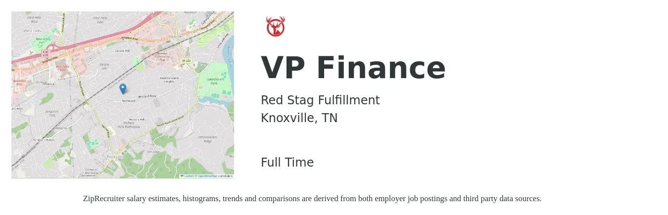 Red Stag Fulfillment job posting for a VP Finance in Knoxville, TN with a salary of $130,300 to $189,400 Yearly with a map of Knoxville location.