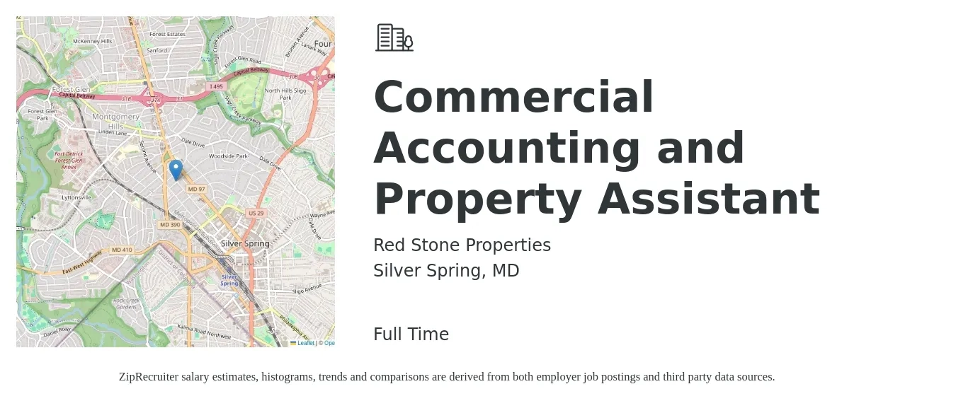 Red Stone Properties job posting for a Commercial Accounting and Property Assistant in Silver Spring, MD with a salary of $21 to $27 Hourly with a map of Silver Spring location.