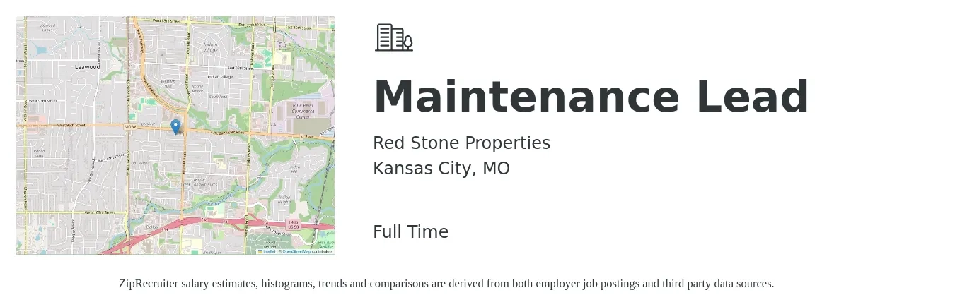 Red Stone Properties job posting for a Maintenance Lead in Kansas City, MO with a salary of $24 to $39 Hourly with a map of Kansas City location.