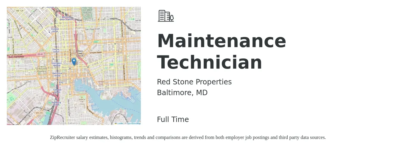 Red Stone Properties job posting for a Maintenance Technician in Baltimore, MD with a salary of $19 to $26 Hourly with a map of Baltimore location.