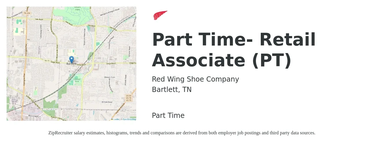 Red Wing Shoe Company job posting for a Part Time- Retail Associate (PT) in Bartlett, TN with a salary of $13 to $15 Hourly with a map of Bartlett location.