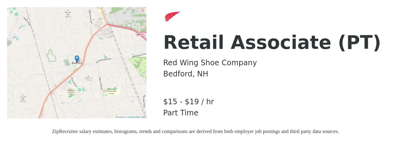 Red Wing Shoe Company job posting for a Retail Associate (PT) in Bedford, NH with a salary of $15 to $17 Hourly with a map of Bedford location.