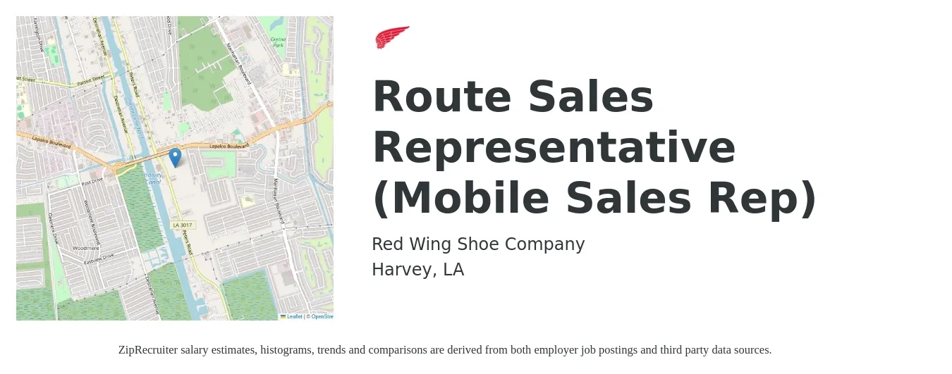 Red Wing Shoe Company job posting for a Route Sales Representative (Mobile Sales Rep) in Harvey, LA with a salary of $38,100 to $48,800 Yearly with a map of Harvey location.