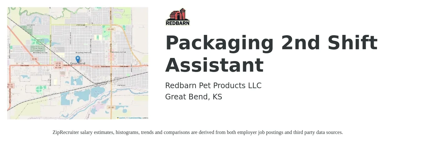 Redbarn Pet Products LLC job posting for a Packaging 2nd Shift Assistant in Great Bend, KS with a salary of $15 to $20 Hourly with a map of Great Bend location.
