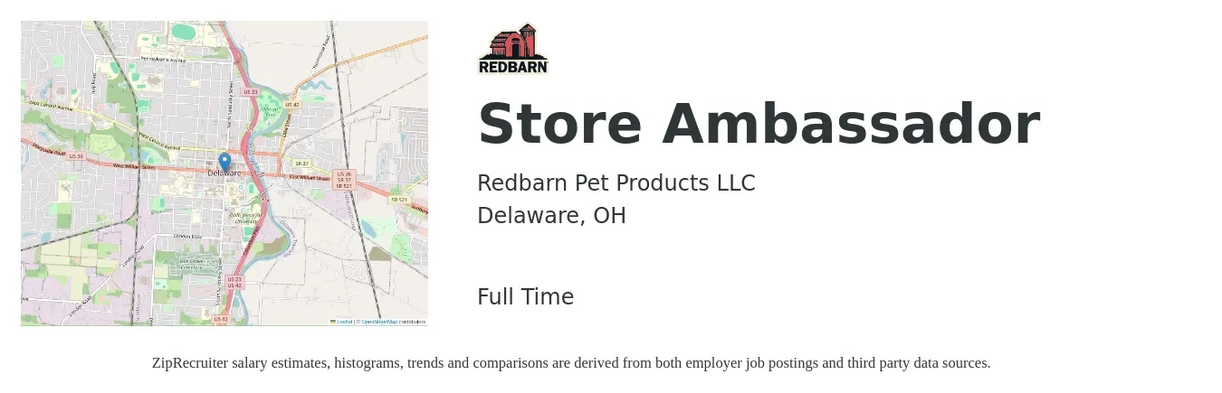 Redbarn Pet Products LLC job posting for a Store Ambassador in Delaware, OH with a salary of $14 to $17 Hourly with a map of Delaware location.
