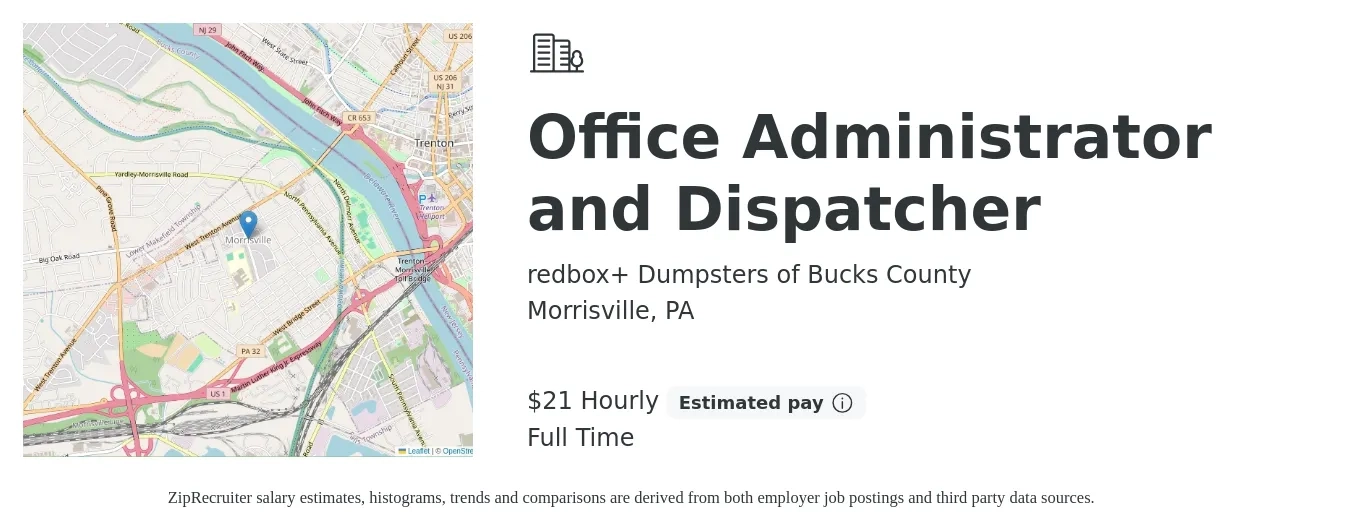 redbox+ Dumpsters of Bucks County job posting for a Office Administrator and Dispatcher in Morrisville, PA with a salary of $22 Hourly with a map of Morrisville location.