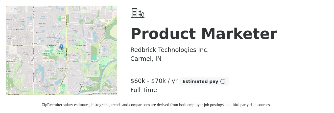 Redbrick Technologies Inc. job posting for a Product Marketer in Carmel, IN with a salary of $60,000 to $70,000 Yearly with a map of Carmel location.