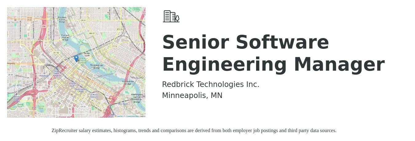 Redbrick Technologies Inc. job posting for a Senior Software Engineering Manager in Minneapolis, MN with a salary of $160,000 to $170,000 Yearly with a map of Minneapolis location.