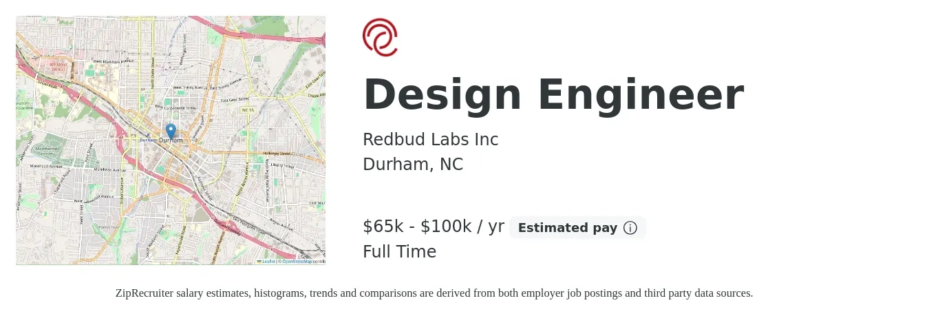 Redbud Labs Inc job posting for a Design Engineer in Durham, NC with a salary of $65,000 to $100,000 Yearly with a map of Durham location.
