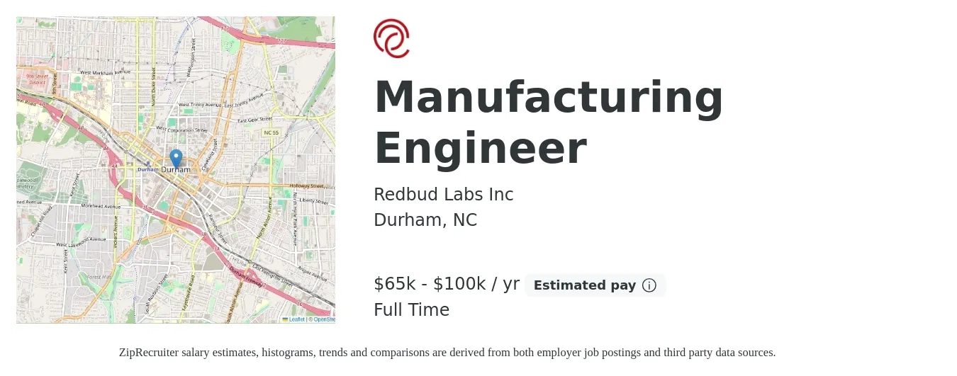 Redbud Labs Inc job posting for a Manufacturing Engineer in Durham, NC with a salary of $65,000 to $100,000 Yearly with a map of Durham location.