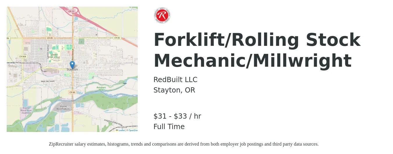 RedBuilt LLC job posting for a Forklift/Rolling Stock Mechanic/Millwright in Stayton, OR with a salary of $33 to $35 Hourly with a map of Stayton location.