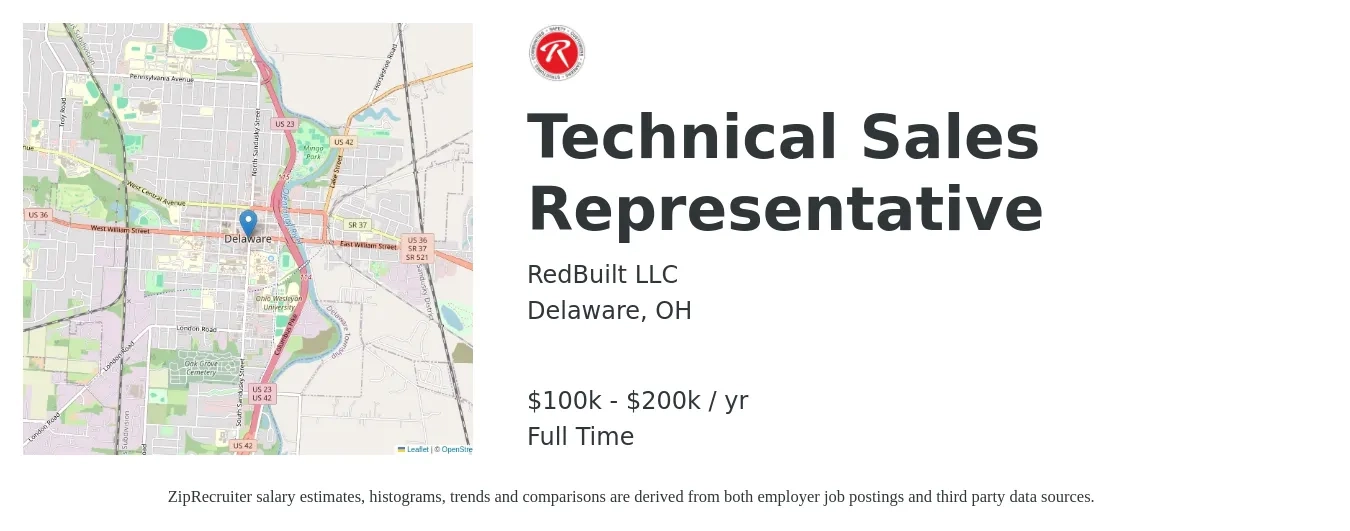 RedBuilt LLC job posting for a Technical Sales Representative in Delaware, OH with a salary of $100,000 to $200,000 Yearly with a map of Delaware location.