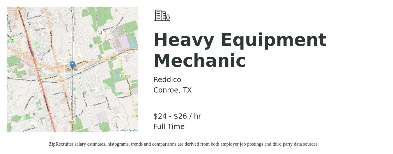 Reddico job posting for a Heavy Equipment Mechanic in Conroe, TX with a salary of $25 to $28 Hourly with a map of Conroe location.