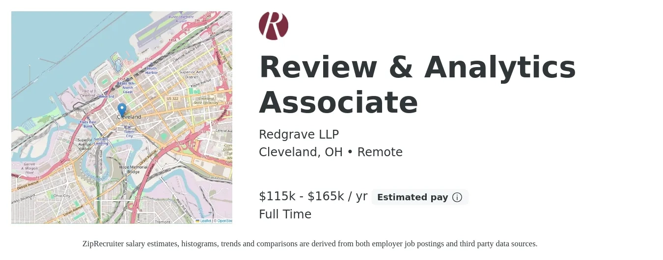 Redgrave LLP job posting for a Review & Analytics Associate in Cleveland, OH with a salary of $115,000 to $165,000 Yearly with a map of Cleveland location.