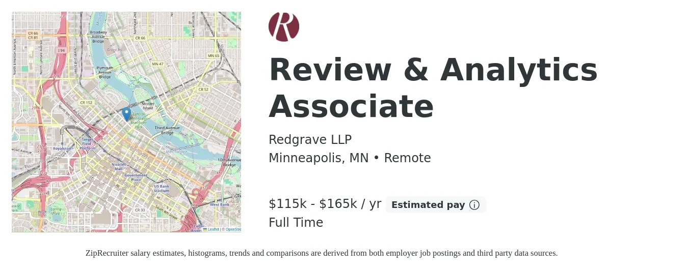 Redgrave LLP job posting for a Review & Analytics Associate in Minneapolis, MN with a salary of $115,000 to $165,000 Yearly with a map of Minneapolis location.