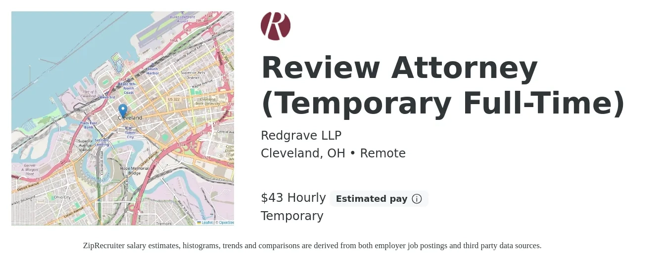 Redgrave LLP job posting for a Review Attorney (Temporary Full-Time) in Cleveland, OH with a salary of $45 Hourly with a map of Cleveland location.