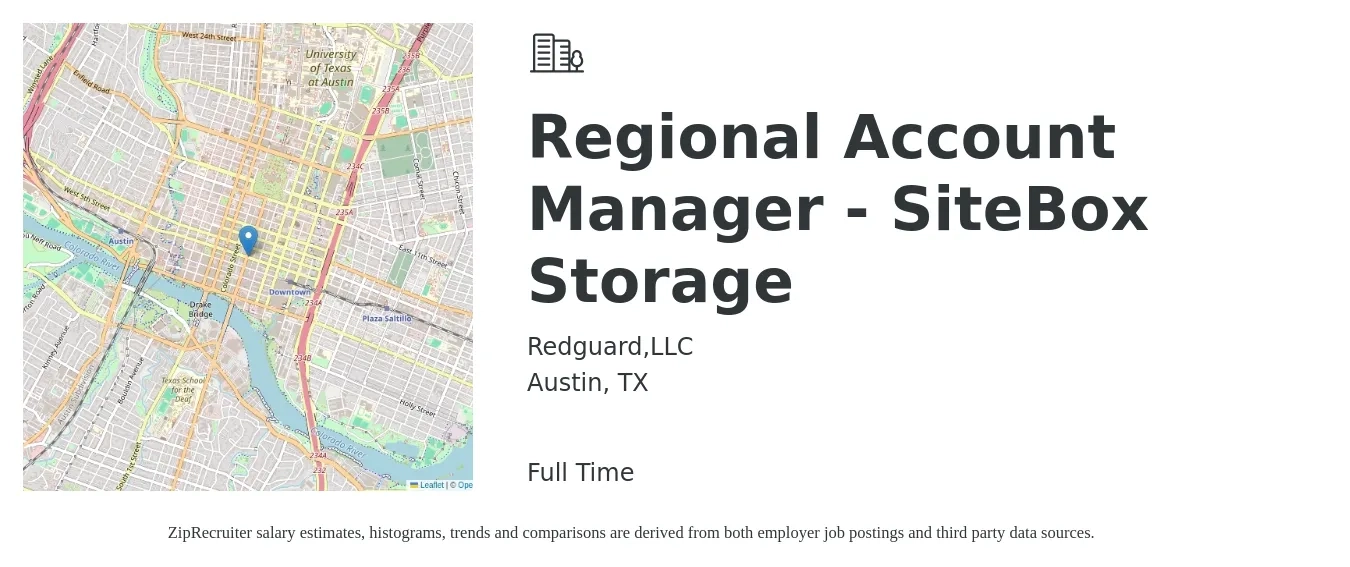 Redguard,LLC job posting for a Regional Account Manager - SiteBox Storage in Austin, TX with a salary of $69,700 to $111,700 Yearly with a map of Austin location.