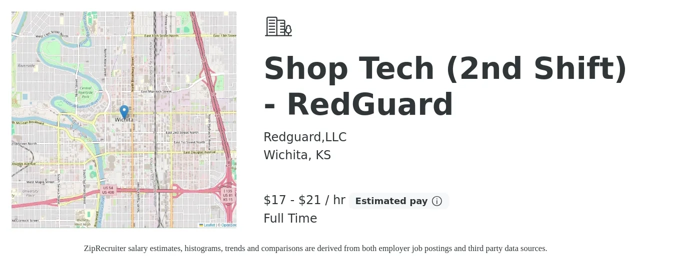Redguard,LLC job posting for a Shop Tech (2nd Shift) - RedGuard in Wichita, KS with a salary of $18 to $22 Hourly with a map of Wichita location.