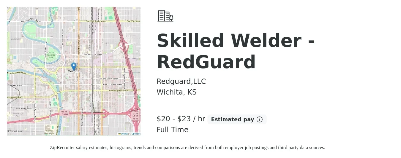 Redguard,LLC job posting for a Skilled Welder - RedGuard in Wichita, KS with a salary of $21 to $24 Hourly with a map of Wichita location.