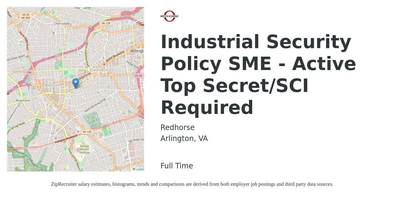 Redhorse Corporation job posting for a Industrial Security Policy SME - Active Top Secret/SCI Required in Arlington, VA and benefits including medical, retirement, vision, dental, and life_insurance with a map of Arlington location.