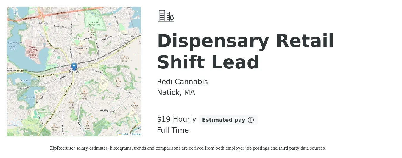 Redi Cannabis job posting for a Dispensary Retail Shift Lead in Natick, MA with a salary of $16 to $20 Hourly with a map of Natick location.
