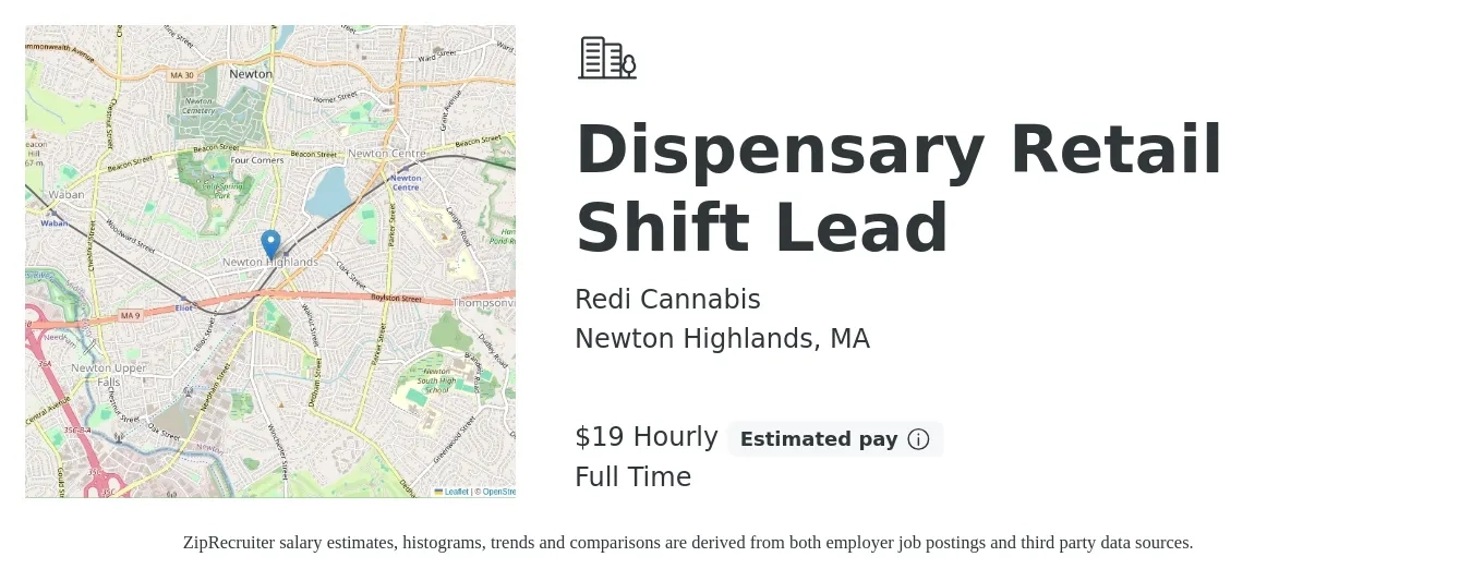 Redi Cannabis job posting for a Dispensary Retail Shift Lead in Newton Highlands, MA with a salary of $17 to $21 Hourly with a map of Newton Highlands location.