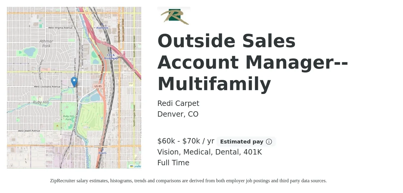 Redi Carpet job posting for a Outside Sales Account Manager--Multifamily in Denver, CO with a salary of $60,000 to $70,000 Yearly and benefits including dental, life_insurance, medical, vision, and 401k with a map of Denver location.